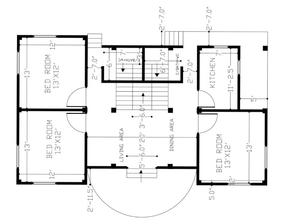 3BHK House Plan in 1200 Sq Ft